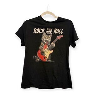 Funny Rock & Roll Cat Tee Vintage Grunge Graphic Band T Shirt Retro Style Medium